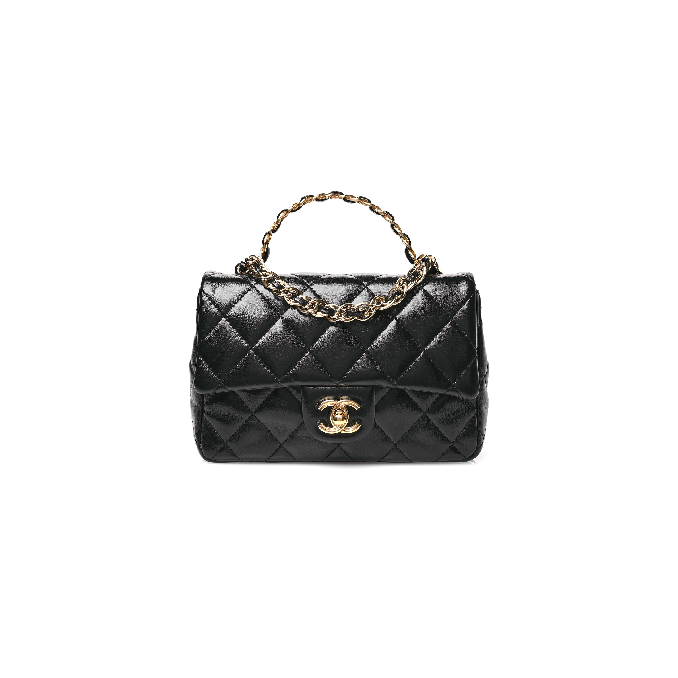 CHANEL SHINY LAMBSKIN QUILTED GOLDEN LINKS TOP HANDLE FLAP BLACK AS1160 (20*13*5cm)